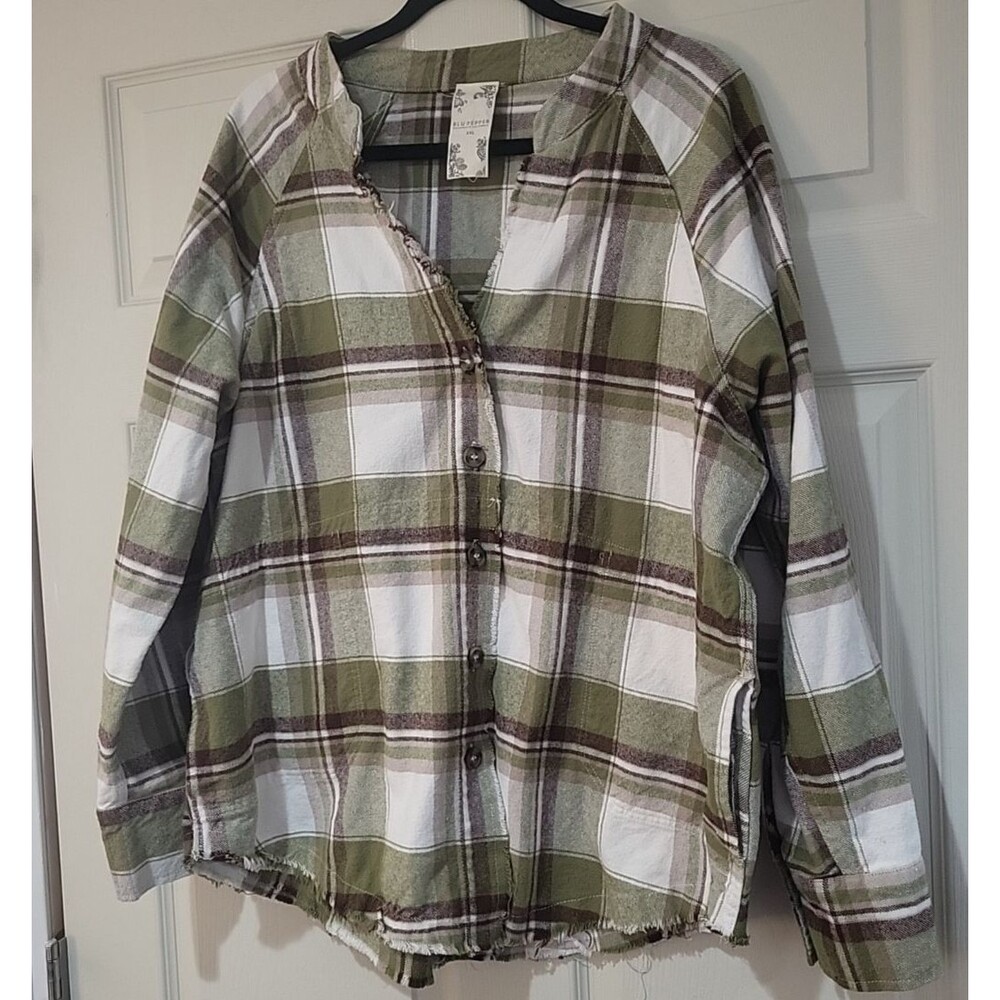 Blu Pepper Size XXL Green Plaid Frayed Hem Button Down Shirt/Jacket Pockets